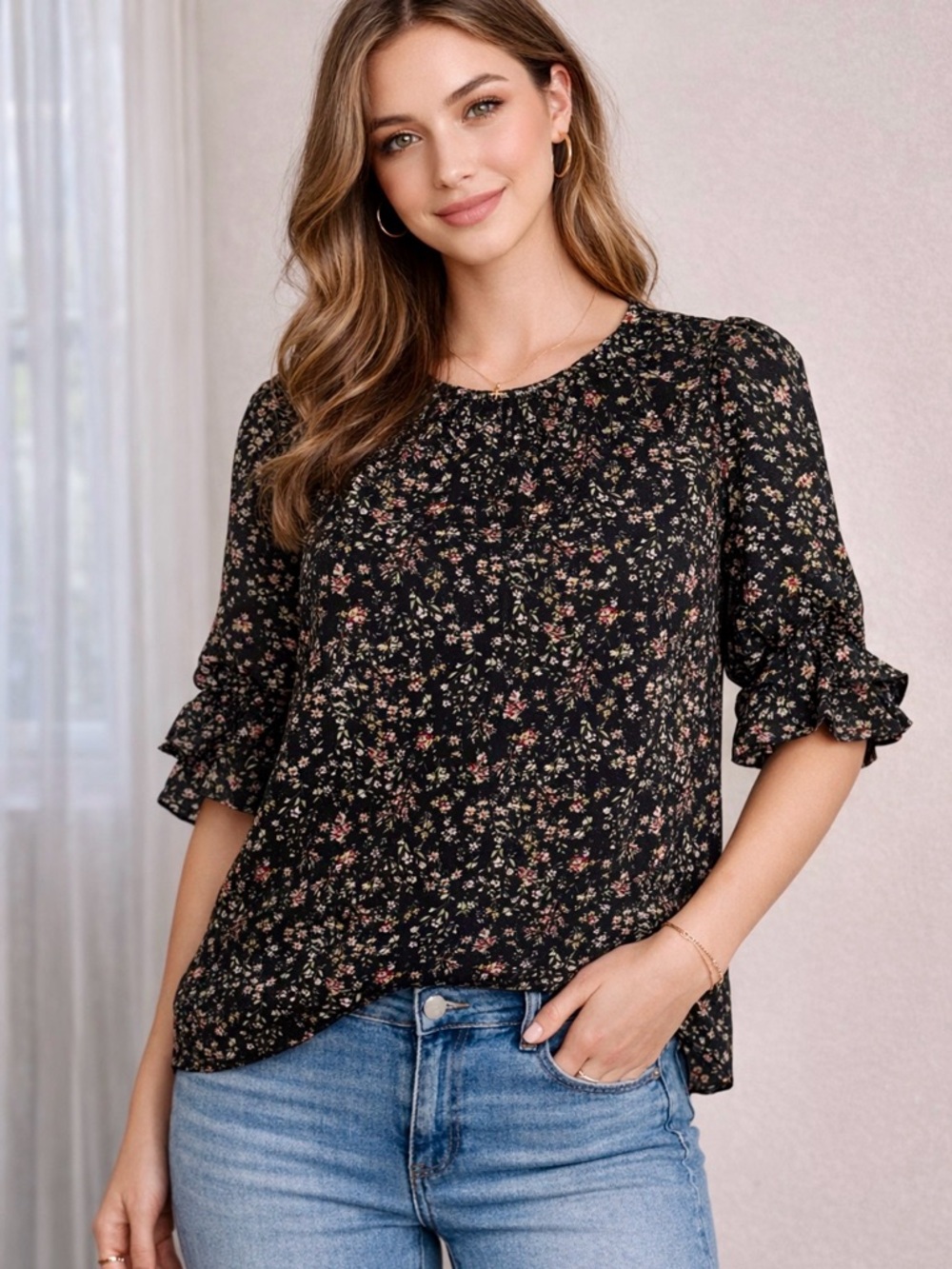 1. State Black Floral Ruffle-Sleeve Blouse